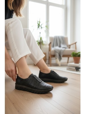 Yazın Ayakkabıları Siyah Jel Taban Ortopedik Deri Günlük Ayakkabı