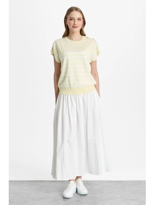 Mutlu Ertan Kadın Çizgili Düğmeli Triko Bluz Sarı-Ekru 20322