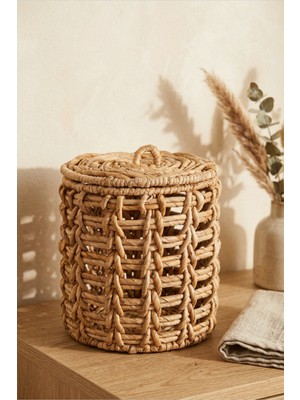 Ocean Point El Örmesi Kapaklı Hasır Sepet, Çok Amaçlı, Dekoratif Eşya Sepeti, 25 cm