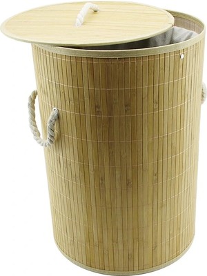 Krm Yuvarlak Bambu Ahşap Kirli Çamaşır Sepeti 35X60CM Seyyar Kapaklı Içi Bezli Ip Kulplu