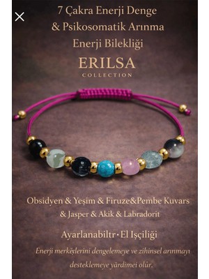 Erilsa Sertifikalı Doğal Taş 7 Çakra Bileklik - Enerji Denge Bilekliği Obsidyen Yeşim Firuze Pembe Kuvars