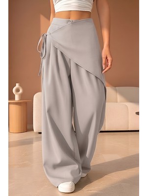 İpek Atlas Kadın Yüksek Bel Asimetrik Tasarım Palazzo Pantolon