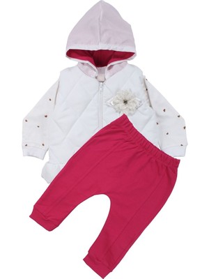 by BebekOdam Kız Bebek Broşlu Beyaz Şişme Yelekli Kalpli Badili Üçlü Lüks Takım - 1016444