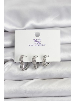 Krm Gümüş Renk Pirinç Zirkon Taşlı Kalpli Kadın Küpe Krm