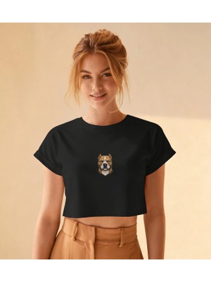 Muhtar Store Minimal Pitbull Baskılı Siyah Crop Tişört Kadın Premium Tasarım