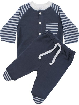 by BebekOdam Unisex Lacivert Ekru Çizgili Cepli 2'li Takım - 1016454