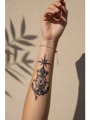 Dövme Kutusu Denizci Pusulası ve Çapa Detaylı Dümen Dövmesi - Yarı Kalıcı / 1 Ay Kalıcı Tattoo