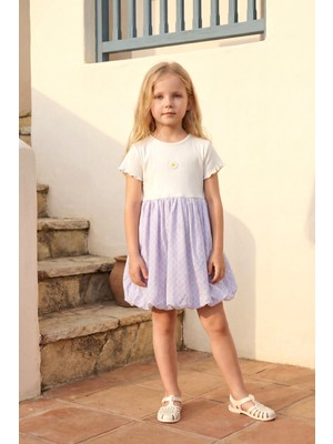 Minipodyum Kız Çocuk Balon Elbise Yazlık Papatya Detaylı