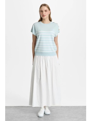 Mutlu Ertan Kadın Çizgili Düğmeli Triko Bluz Mint - Ekru 20322