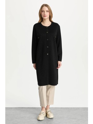 Mutlu Ertan Kadın Düğmeli Simli Uzun Hırka Siyah 20304