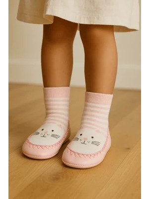Katia & Bony Çocuk Kedi Desenli Makosen Soket Çorap Patik Panduf – Kaydırmaz Ev & Anaokulu Ayakkabısı Koyu Pembe