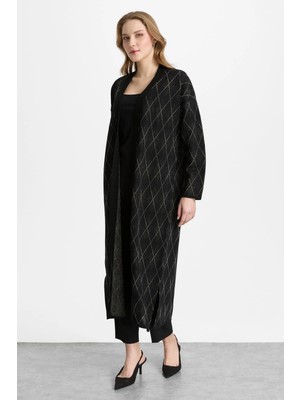 Mutlu Ertan Kadın Uzun Simli Baklavalı Hırka Siyah 20325