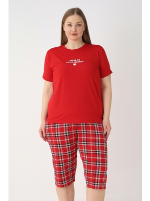Remsa Büyük Beden Kadın Kısa Kol Kaprili Pijama Takımı 260845 Kırmızı