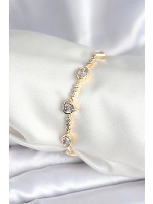 Krm Pirinç Gold Renk Zirkon Taşlı Kalpli Model Kadın Bileklik Krm