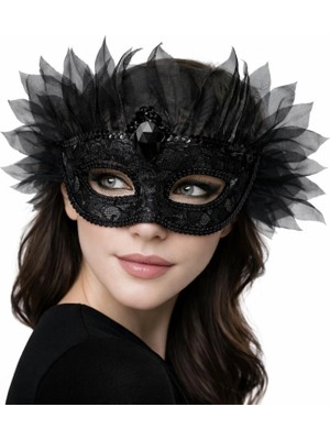 MiraLive Siyah Taşlı Venedik Lüks Tüllü Parti Maskesi