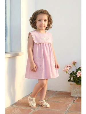 Minipodyum Kız Bebek Elbise Keten Yazlık Bebe Yaka