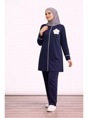 SFG Life Moda Kadın Tesettür Giyim Önünde Çiçek Detaylı Tunik & Pantolon Ikili Takım