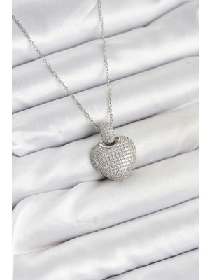 Krm 316L Çelik Zincir Gümüş Renk Zirkon Taşlı Kalpli Kadın Kolye Krm