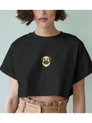 Muhtar Store Minimal Kangal Baskılı Beyaz Crop Tişört Kadın Rahat Kalıp