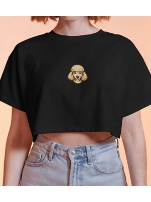 Muhtar Store Minimal Toy Poodle Baskılı Beyaz Crop Tişört Kadın Rahat Kalıp