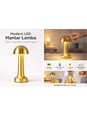 Premium Dokunmatik LED Mantar Lamba | Şarjlı Gold Dekoratif Gece Lambası | 3 Kademe Işık