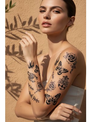 Dövme Kutusu Geleneksel Patchwork Stil Gül, Kelebek ve Akrep Karma Tattoo Seti - Yarı Kalıcı / 1 Ay Kalıcı