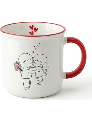 Romantik Çift Tasarımlı 370 ml Porselen Kupa – Kırmızı Kulplu Sevimli Aşk Temalı Kahve Kupası