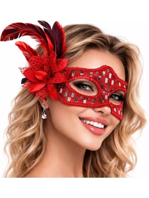 MiraLive Kırmızı Tüylü Balo Maskesi