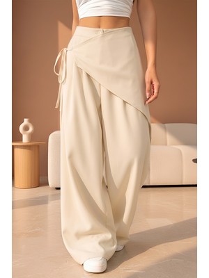 İpek Atlas Kadın Yüksek Bel Asimetrik Tasarım Palazzo Pantolon