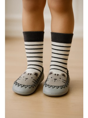 Katia & Bony Çocuk Makosen Soket Çorap Patik Panduf – Kaydırmaz Ev & Anaokulu Ayakkabısı Gri