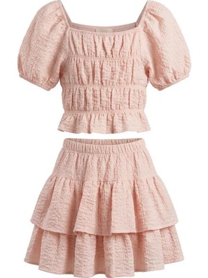 Serkon Pudra Kız Çocuk Etekli Takım – Gipeli Crop Bluz ve Kat Kat Fırfırlı Etek Yazlık Şık Kombin
