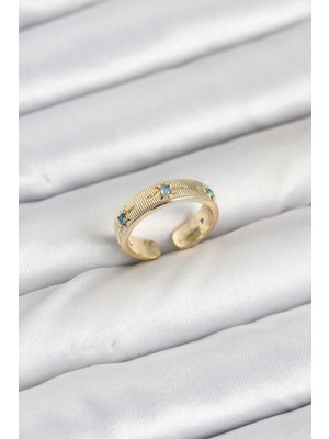 Krm Pirinç Gold Renk Mavi Zirkon Taşlı Kutup Yıldızı Model Kadın Yüzük Krm