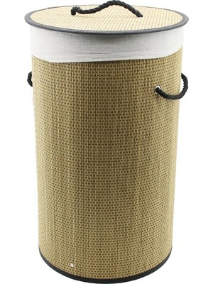 Krm Yuvarlak Hasır - Ahşap Kirli Çamaşır Sepeti 37X60CM Seyyar Kapaklı Içi Bezli Ip Kulpl