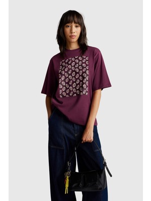 United Colors Of Benetton Mürdüm Kadın / Kız Kdn_koton Karışımlı Baskılı T-Shirt Model Kodu: 3SPQD10BPMÜRDÜM