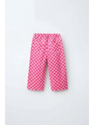 Magu Kız Çocuk Pamuklu Pembe Kare Desenli Pantolon