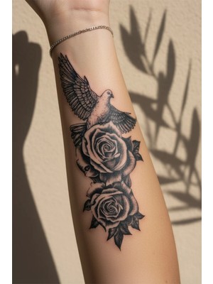 Dövme Kutusu Güvercin ve Çifte Gül Dövmesi - Yarı Kalıcı / 1 Ay Kalıcı Tattoo