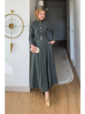 Tesettür Diyarı Fulaz Bambu Cupra Kumaş Çift Kemer Tokalı Tesettür Elbise- Koyu Petrol