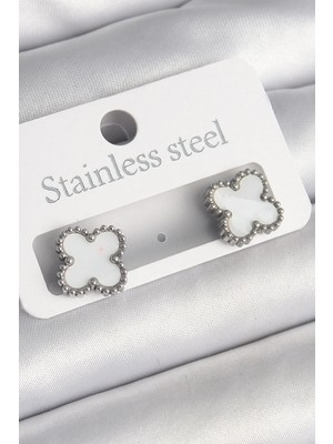 Uslucan Alışveriş 316L Çelik Gümüş Renk Beyaz Yonca Model Kadın Küpe