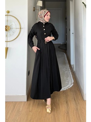 Tesettür Diyarı Fulaz Bambu Cupra Kumaş Çift Kemer Tokalı Tesettür Elbise- Siyah