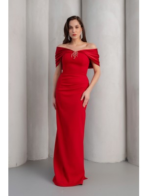 Lafaba Kadın Bordo Dar Kalıp Aksesuar Detay Uzun Söz Nişan Nikah Abiye Elbise