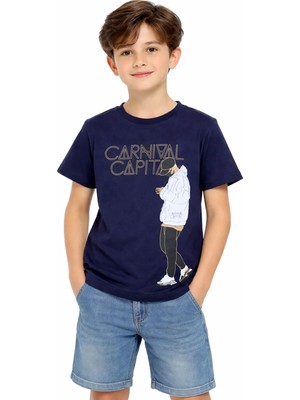 Xamazon Erkek Çocuk Carnival Yazılı Önü Sırtı Yazı Resim Desenli Lacivert Renk Tişört