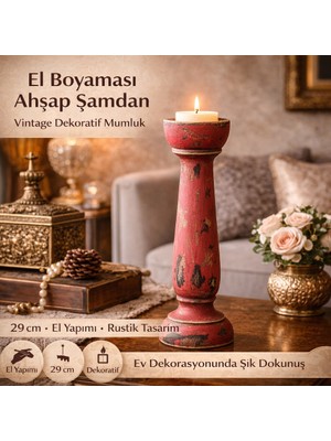 El Boyaması Vintage Ahşap Şamdan Mumluk 29 cm – Rustik Dekoratif Mumluk, Salon & Masa Üstü Dekor