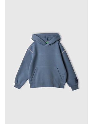 United Colors Of Benetton Havacı Mavi Erkek Ej_sırtı Şerit Detaylı Logolu Kese Cepli Kapüşonlu Sweatshirt Model Kodu: 3UNIC204JH Mavi