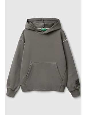 United Colors Of Benetton Antrasit Erkek Ej_sırtı Şerit Detaylı Logolu Kese Cepli Kapüşonlu Sweatshirt Model Kodu: 3UNIC204JANTRASIT