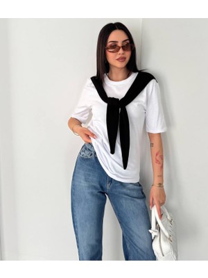 Noa Noa Kadın %100 Pamuk Oversize Basic Tişört Aksesuar Fular Detaylı