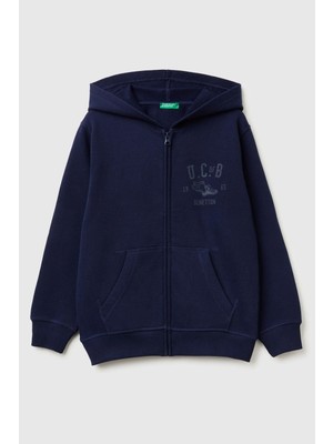 United Colors Of Benetton Lacivert Erkek Ej_önü Logo Baskılı Cepli Fermuarlı Şardonlu Sweatshirt Model Kodu: 3EB5C505LLACIVERT