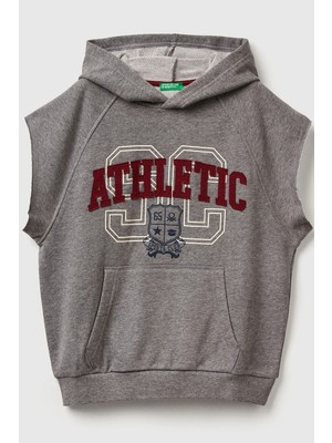 United Colors Of Benetton Antrasit Melanj Erkek Ej_baskılı Kese Cep Detaylı Kapüşonlu Raglan Kolsuz Sweatshirt Model Kodu: 32N4C2055507