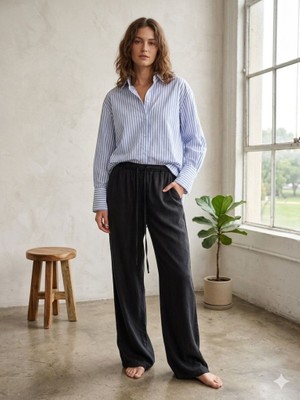 CGA Kadın Tensel Pantolon Siyah Tensel Pantolon Beli Bağlamalı Bol Kesim Tencel Pantolon