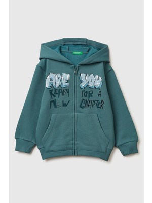 United Colors Of Benetton Yeşil Erkek Ek_arkası Baskılı Fermuarlı Ribanalı Kapüşonlu Şardonlu Sweatshirt Model Kodu: 3J73G504619W