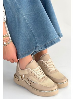 Junda Bej Cilt Bağcıklı Kadın Spor Ayakkabı (Erbilden)